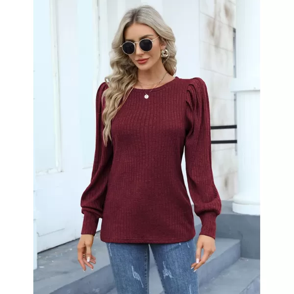 HOTOUCH Womens Knit Blouse Soft Puff Long Sleeve Shirt Tops Lightweight Round Neck Pullover Sweater SXXLDark Red