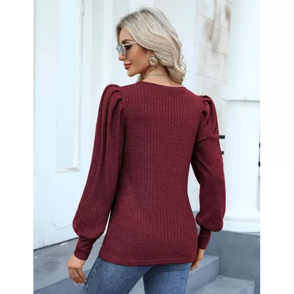 HOTOUCH Womens Knit Blouse Soft Puff Long Sleeve Shirt Tops Lightweight Round Neck Pullover Sweater SXXLDark Red