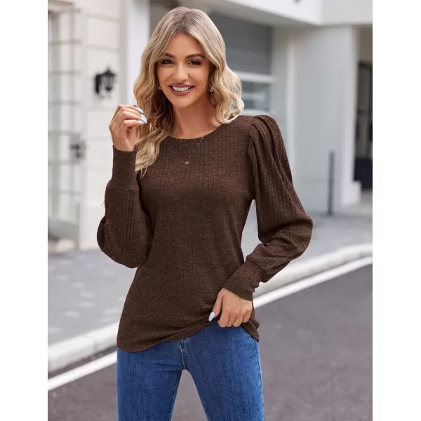 HOTOUCH Womens Knit Blouse Soft Puff Long Sleeve Shirt Tops Lightweight Round Neck Pullover Sweater SXXLDeep Coffee