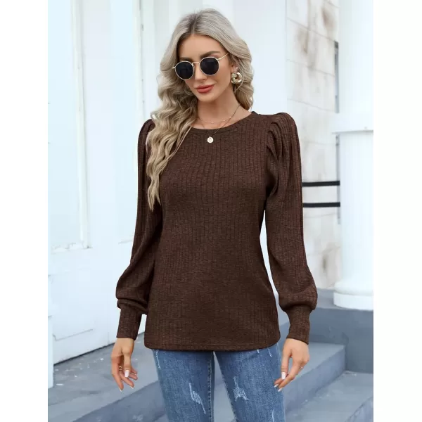 HOTOUCH Womens Knit Blouse Soft Puff Long Sleeve Shirt Tops Lightweight Round Neck Pullover Sweater SXXLDeep Coffee