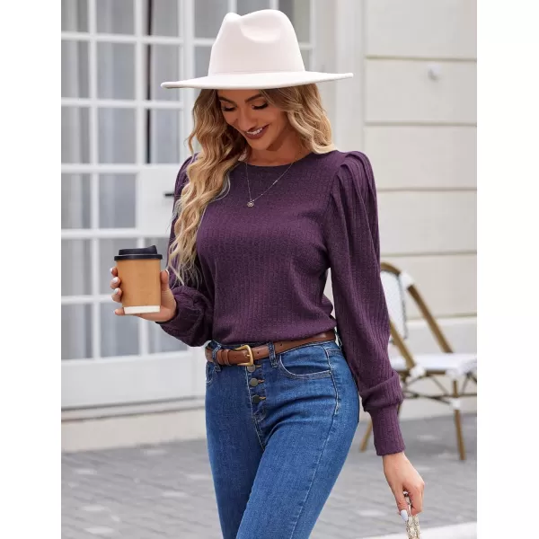 HOTOUCH Womens Knit Blouse Soft Puff Long Sleeve Shirt Tops Lightweight Round Neck Pullover Sweater SXXLDeep Durple