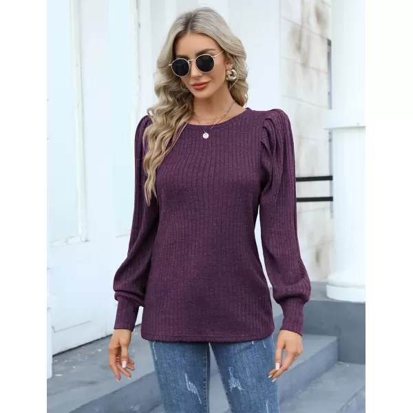 HOTOUCH Womens Knit Blouse Soft Puff Long Sleeve Shirt Tops Lightweight Round Neck Pullover Sweater SXXLDeep Durple