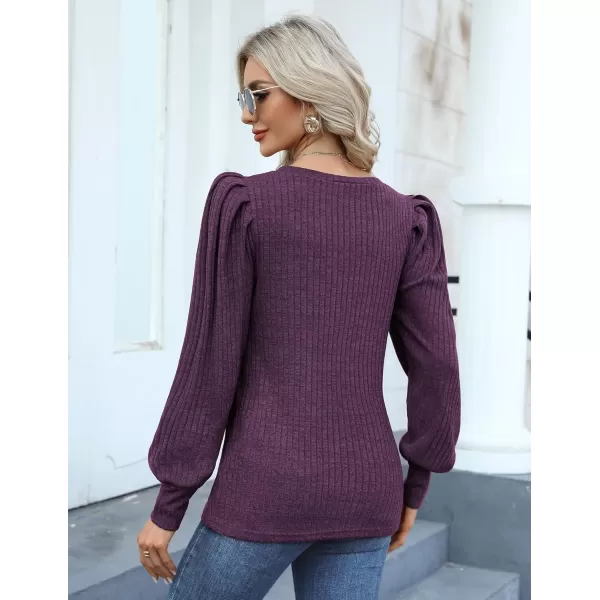 HOTOUCH Womens Knit Blouse Soft Puff Long Sleeve Shirt Tops Lightweight Round Neck Pullover Sweater SXXLDeep Durple