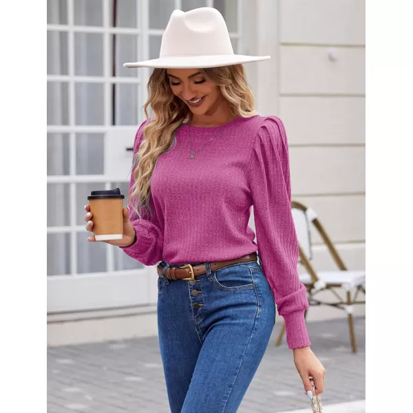 HOTOUCH Womens Knit Blouse Soft Puff Long Sleeve Shirt Tops Lightweight Round Neck Pullover Sweater SXXLDusty Pink