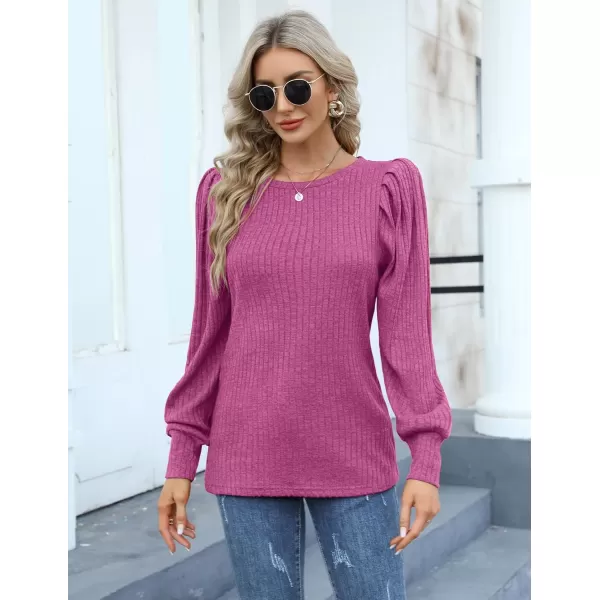 HOTOUCH Womens Knit Blouse Soft Puff Long Sleeve Shirt Tops Lightweight Round Neck Pullover Sweater SXXLDusty Pink