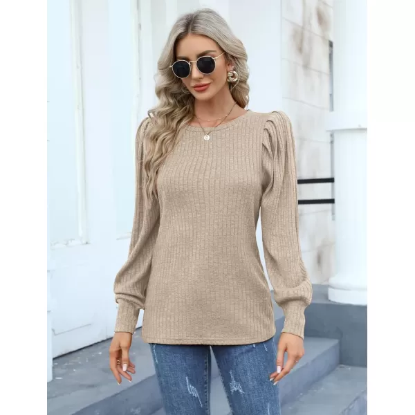 HOTOUCH Womens Knit Blouse Soft Puff Long Sleeve Shirt Tops Lightweight Round Neck Pullover Sweater SXXLKhaki