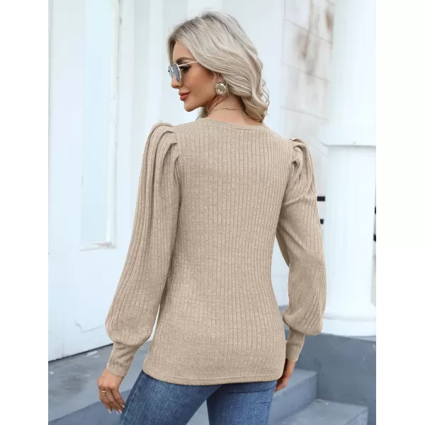 HOTOUCH Womens Knit Blouse Soft Puff Long Sleeve Shirt Tops Lightweight Round Neck Pullover Sweater SXXLKhaki