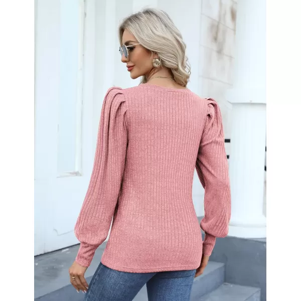 HOTOUCH Womens Knit Blouse Soft Puff Long Sleeve Shirt Tops Lightweight Round Neck Pullover Sweater SXXLLight Pink