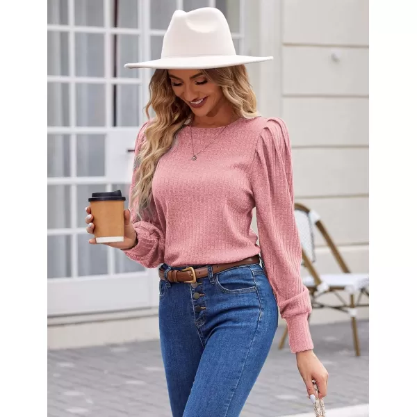 HOTOUCH Womens Knit Blouse Soft Puff Long Sleeve Shirt Tops Lightweight Round Neck Pullover Sweater SXXLLight Pink