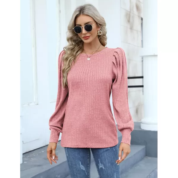 HOTOUCH Womens Knit Blouse Soft Puff Long Sleeve Shirt Tops Lightweight Round Neck Pullover Sweater SXXLLight Pink