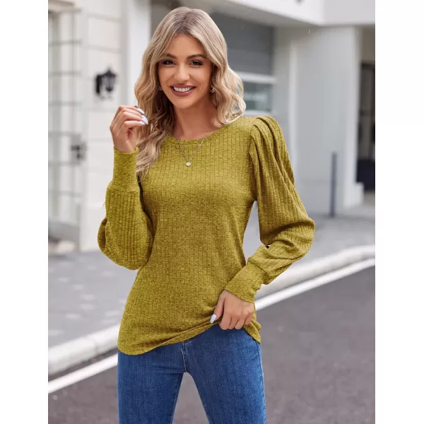 HOTOUCH Womens Knit Blouse Soft Puff Long Sleeve Shirt Tops Lightweight Round Neck Pullover Sweater SXXLMustard