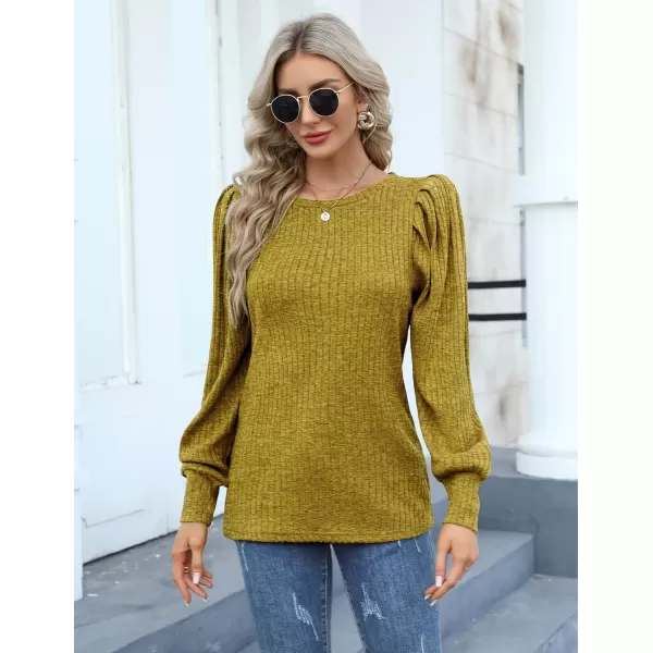 HOTOUCH Womens Knit Blouse Soft Puff Long Sleeve Shirt Tops Lightweight Round Neck Pullover Sweater SXXLMustard