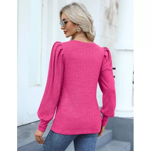 HOTOUCH Womens Knit Blouse Soft Puff Long Sleeve Shirt Tops Lightweight Round Neck Pullover Sweater SXXLRose Red