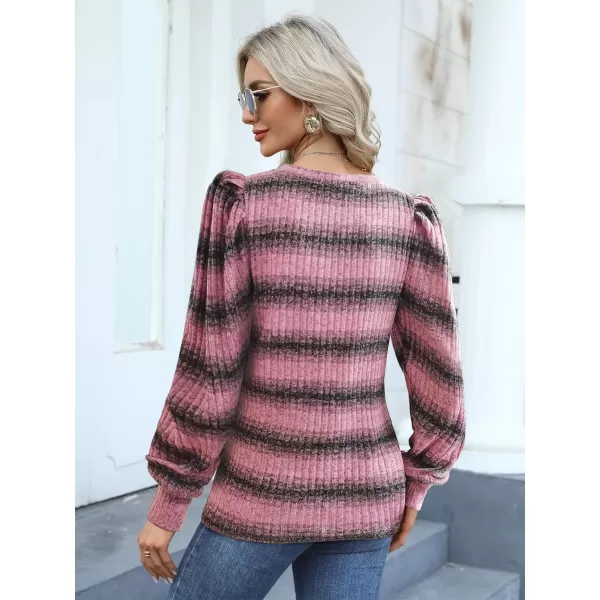 HOTOUCH Womens Knit Blouse Soft Puff Long Sleeve Shirt Tops Lightweight Round Neck Pullover Sweater SXXLRose Red Stripes