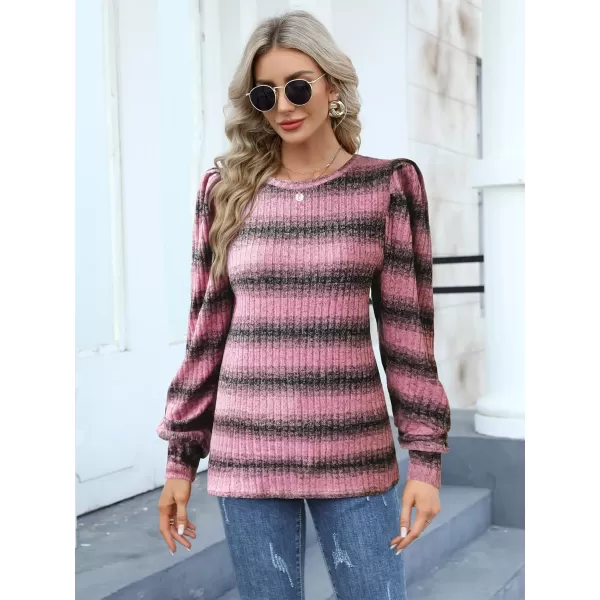 HOTOUCH Womens Knit Blouse Soft Puff Long Sleeve Shirt Tops Lightweight Round Neck Pullover Sweater SXXLRose Red Stripes