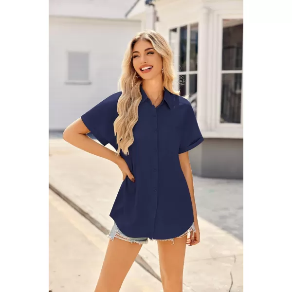 HOTOUCH Womens Short Sleeve Button Down Shirts Loose Fit V Neck Business Casual Blouses Summer Top with Pockets SXXLNavy Blue