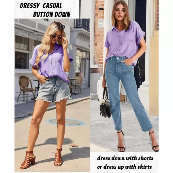 HOTOUCH Womens Short Sleeve Button Down Shirts Loose Fit V Neck Business Casual Blouses Summer Top with Pockets SXXLPurple