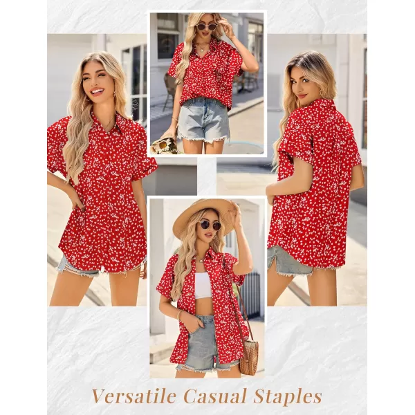 HOTOUCH Womens Short Sleeve Button Down Shirts Loose Fit V Neck Business Casual Blouses Summer Top with Pockets SXXLRed Polka Dots