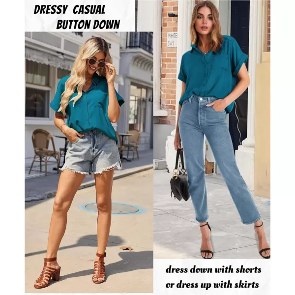 HOTOUCH Womens Short Sleeve Button Down Shirts Loose Fit V Neck Business Casual Blouses Summer Top with Pockets SXXLTeal Blue Green