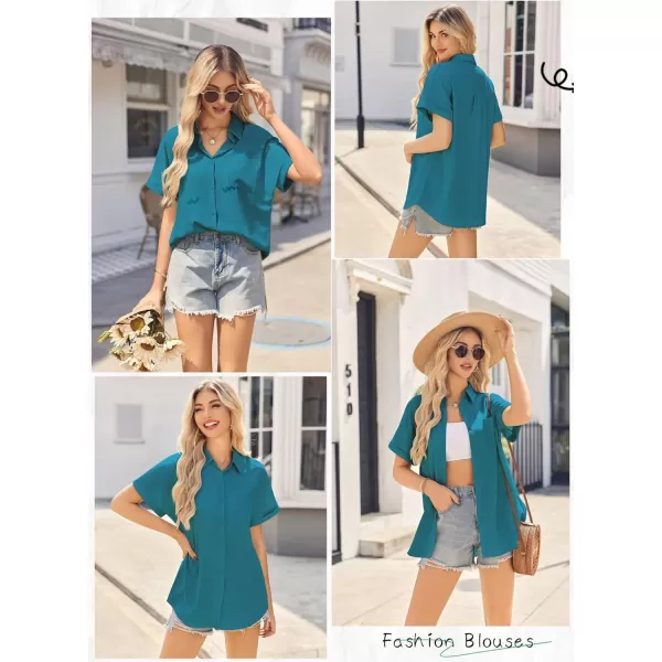 HOTOUCH Womens Short Sleeve Button Down Shirts Loose Fit V Neck Business Casual Blouses Summer Top with Pockets SXXLTeal Blue Green