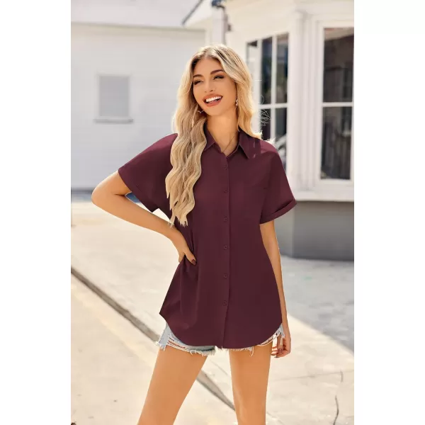 HOTOUCH Womens Short Sleeve Button Down Shirts Loose Fit V Neck Business Casual Blouses Summer Top with Pockets SXXLWine Red