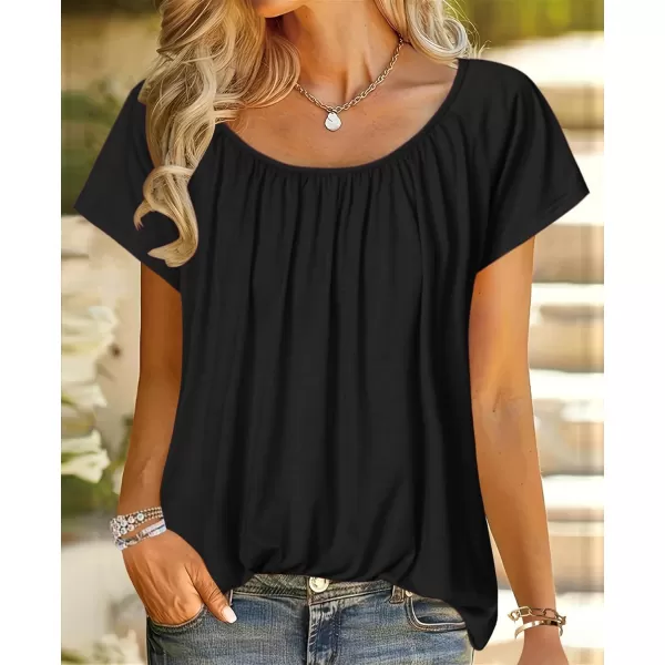 HOTOUCH Womens Summer Tunic Tops Short Sleeve Shirts Crewneck Casual Blouse Loose Pleated Tops SXXXLBlack