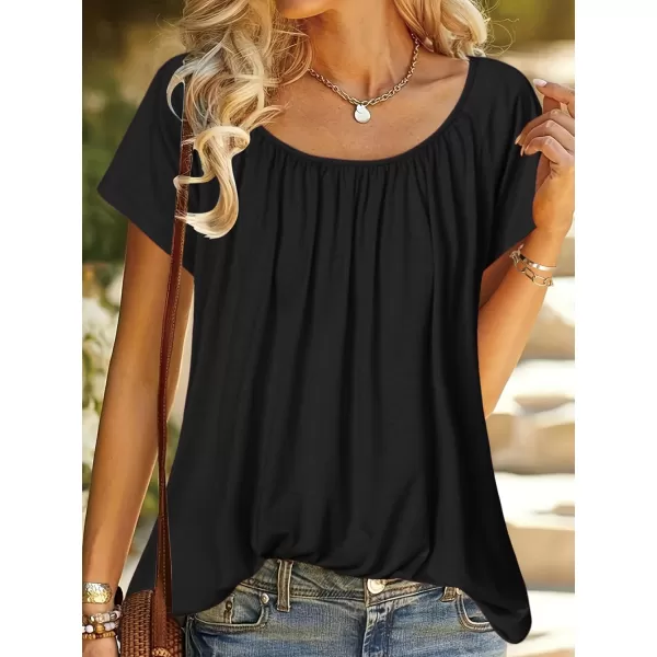 HOTOUCH Womens Summer Tunic Tops Short Sleeve Shirts Crewneck Casual Blouse Loose Pleated Tops SXXXLBlack