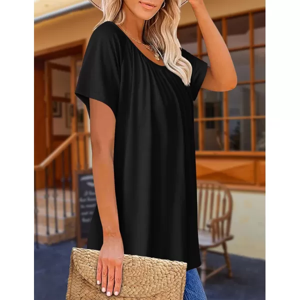 HOTOUCH Womens Summer Tunic Tops Short Sleeve Shirts Crewneck Casual Blouse Loose Pleated Tops SXXXLBlack