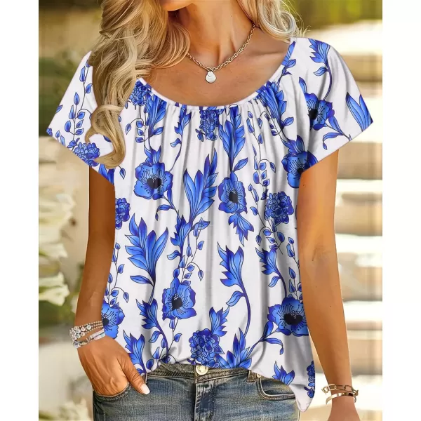 HOTOUCH Womens Summer Tunic Tops Short Sleeve Shirts Crewneck Casual Blouse Loose Pleated Tops SXXXLBlue Floral