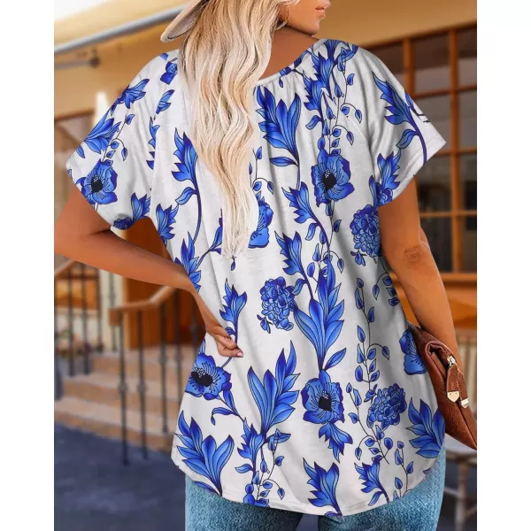 HOTOUCH Womens Summer Tunic Tops Short Sleeve Shirts Crewneck Casual Blouse Loose Pleated Tops SXXXLBlue Floral