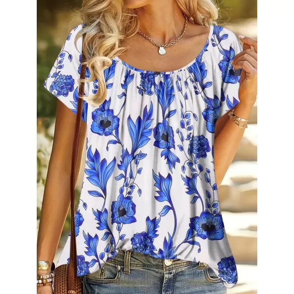 HOTOUCH Womens Summer Tunic Tops Short Sleeve Shirts Crewneck Casual Blouse Loose Pleated Tops SXXXLBlue Floral