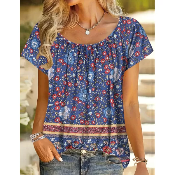 HOTOUCH Womens Summer Tunic Tops Short Sleeve Shirts Crewneck Casual Blouse Loose Pleated Tops SXXXLDark Blue Flower