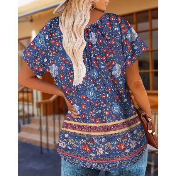 HOTOUCH Womens Summer Tunic Tops Short Sleeve Shirts Crewneck Casual Blouse Loose Pleated Tops SXXXLDark Blue Flower