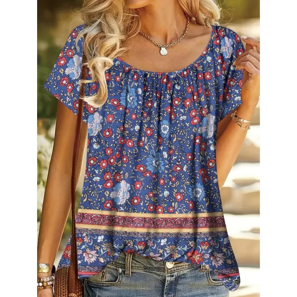 HOTOUCH Womens Summer Tunic Tops Short Sleeve Shirts Crewneck Casual Blouse Loose Pleated Tops SXXXLDark Blue Flower