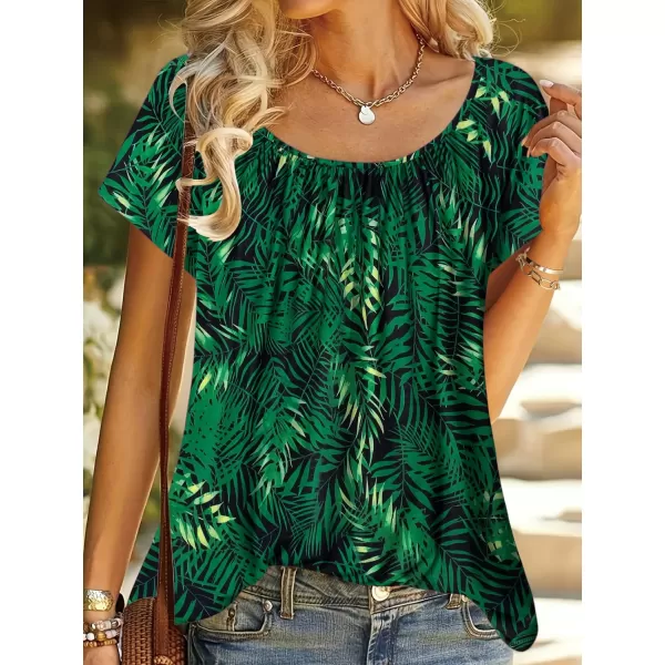 HOTOUCH Womens Summer Tunic Tops Short Sleeve Shirts Crewneck Casual Blouse Loose Pleated Tops SXXXLGreen Leaf