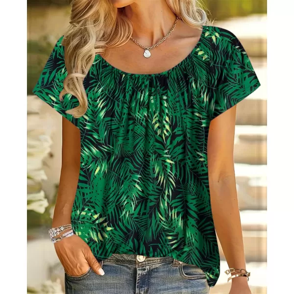 HOTOUCH Womens Summer Tunic Tops Short Sleeve Shirts Crewneck Casual Blouse Loose Pleated Tops SXXXLGreen Leaf