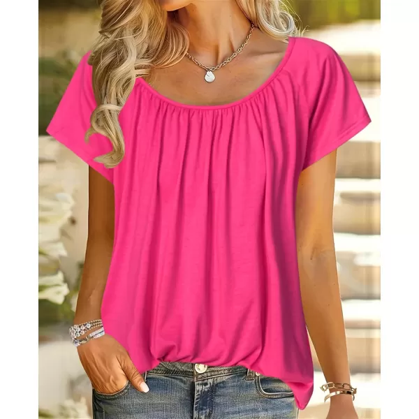 HOTOUCH Womens Summer Tunic Tops Short Sleeve Shirts Crewneck Casual Blouse Loose Pleated Tops SXXXLHot Pink