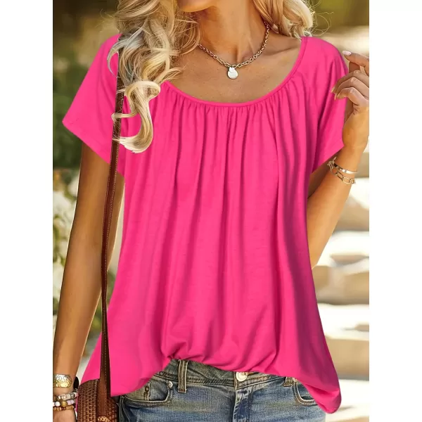 HOTOUCH Womens Summer Tunic Tops Short Sleeve Shirts Crewneck Casual Blouse Loose Pleated Tops SXXXLHot Pink