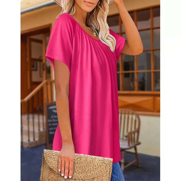 HOTOUCH Womens Summer Tunic Tops Short Sleeve Shirts Crewneck Casual Blouse Loose Pleated Tops SXXXLHot Pink