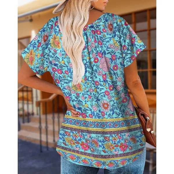 HOTOUCH Womens Summer Tunic Tops Short Sleeve Shirts Crewneck Casual Blouse Loose Pleated Tops SXXXLLight Blue Flower