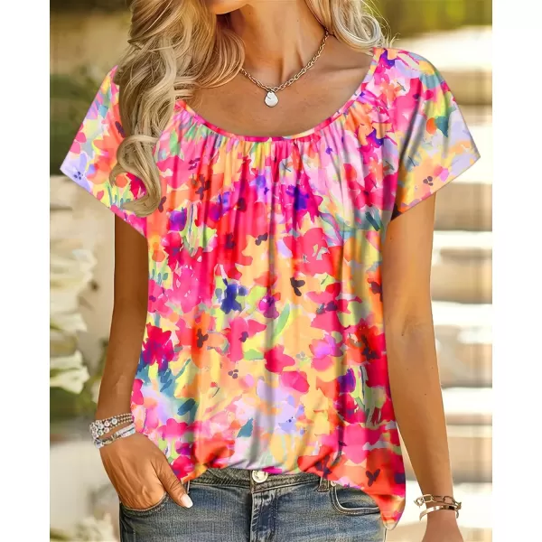 HOTOUCH Womens Summer Tunic Tops Short Sleeve Shirts Crewneck Casual Blouse Loose Pleated Tops SXXXLMulticolor Floral