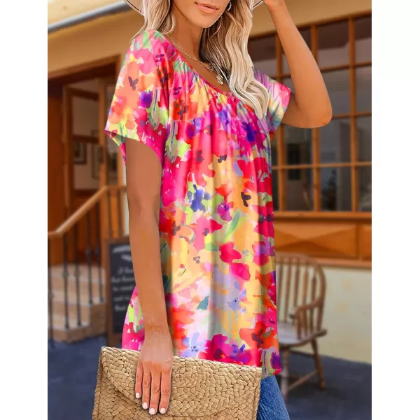 HOTOUCH Womens Summer Tunic Tops Short Sleeve Shirts Crewneck Casual Blouse Loose Pleated Tops SXXXLMulticolor Floral