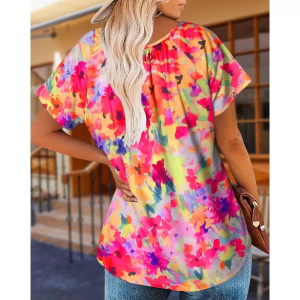 HOTOUCH Womens Summer Tunic Tops Short Sleeve Shirts Crewneck Casual Blouse Loose Pleated Tops SXXXLMulticolor Floral