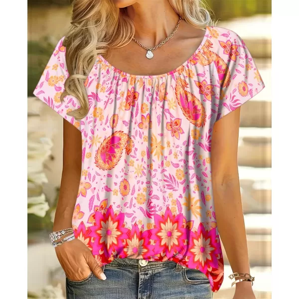 HOTOUCH Womens Summer Tunic Tops Short Sleeve Shirts Crewneck Casual Blouse Loose Pleated Tops SXXXLPink Floral