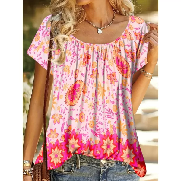 HOTOUCH Womens Summer Tunic Tops Short Sleeve Shirts Crewneck Casual Blouse Loose Pleated Tops SXXXLPink Floral