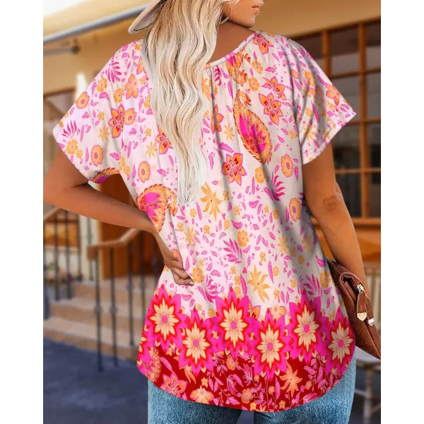 HOTOUCH Womens Summer Tunic Tops Short Sleeve Shirts Crewneck Casual Blouse Loose Pleated Tops SXXXLPink Floral