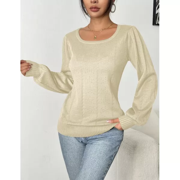 HOTOUCH Womens Sweaters Fall 2024 Trendy Puff Sleeve Tops Casual Knit Square Neck Cute Tunic Pullover Blouses Shirts02apricot