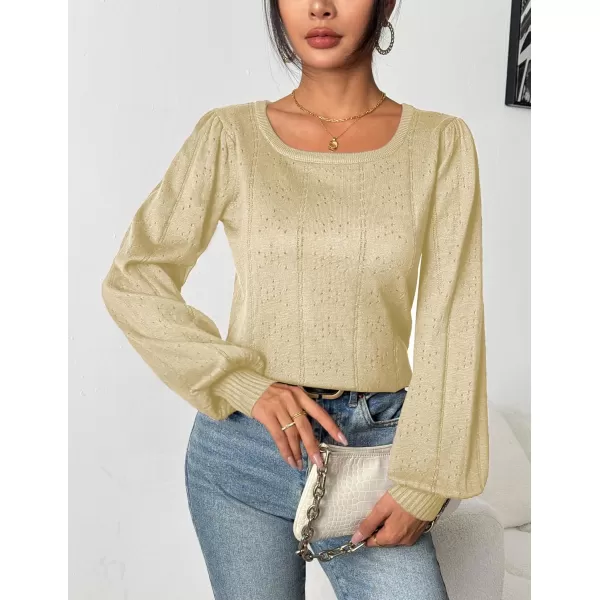 HOTOUCH Womens Sweaters Fall 2024 Trendy Puff Sleeve Tops Casual Knit Square Neck Cute Tunic Pullover Blouses Shirts02apricot