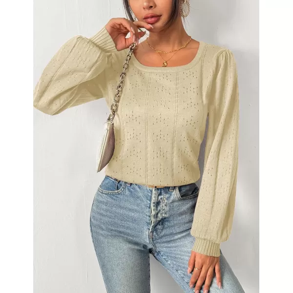 HOTOUCH Womens Sweaters Fall 2024 Trendy Puff Sleeve Tops Casual Knit Square Neck Cute Tunic Pullover Blouses Shirts02apricot