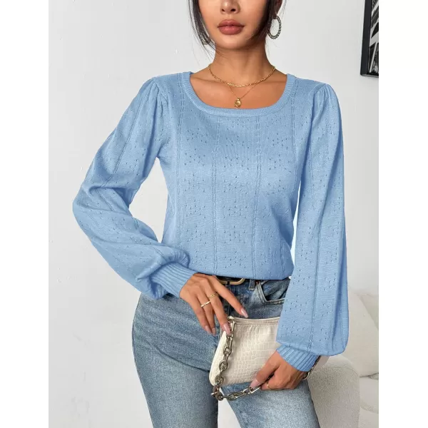 HOTOUCH Womens Sweaters Fall 2024 Trendy Puff Sleeve Tops Casual Knit Square Neck Cute Tunic Pullover Blouses Shirts02baby Blue